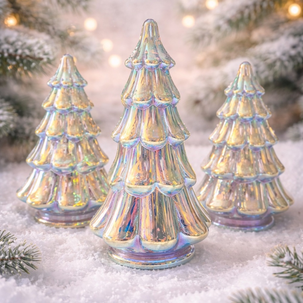 Iridescent Light Up Glass Christmas Trees Set of 3 Luxe Holiday Decor Glow